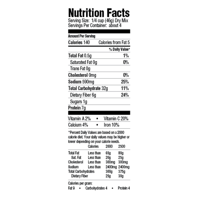 Creole Red Beans & Rice Dinner Mix Nutrition Facts