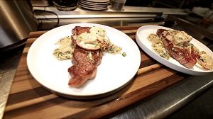 Pan Seared NY Strip with Simple Louisiana Shrimp Cream Sauce