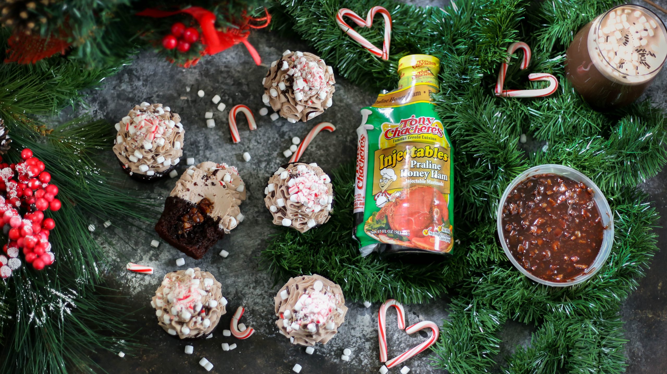 Hot Chocolate Cupcakes with Praline Filling