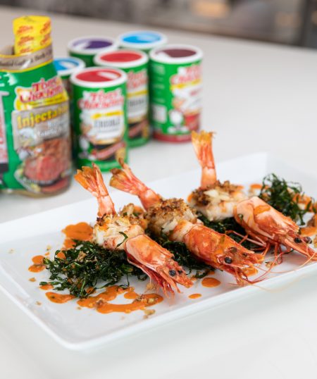 Crab Stuffed Prawns with Crispy Collards