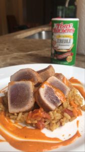 Seared Gulf Yellowfin Tuna with Tony's Creole Spanish Rice and Spicy Aioli