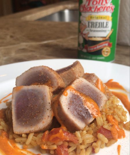 Seared Gulf Yellowfin Tuna with Tony’s Creole Spanish Rice and Spicy Aioli