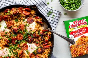 Skillet Eggy Jambalaya Breakfast Bake