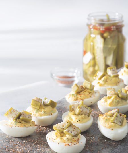 Deviled Eggs with Quick-Pickled Okra