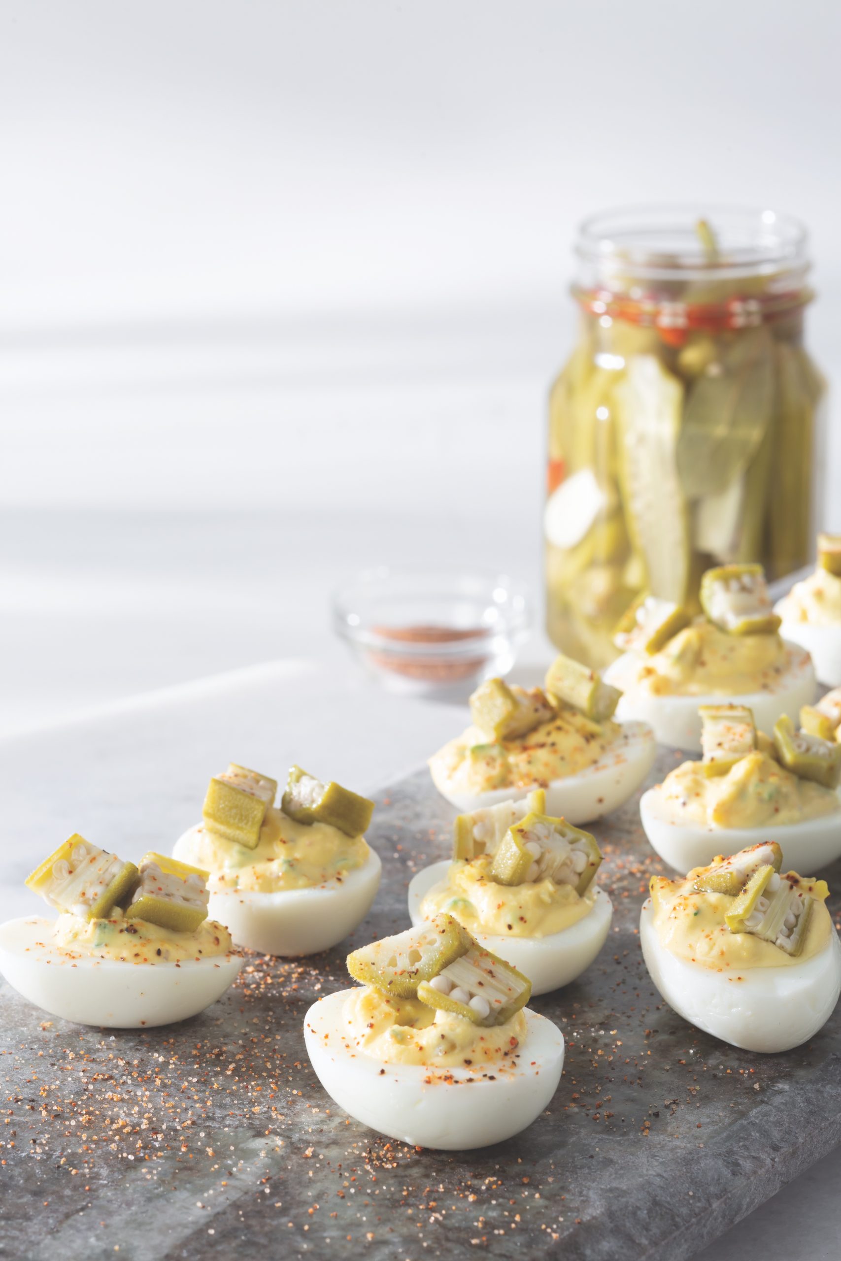 Deviled Eggs with Quick-Pickled Okra