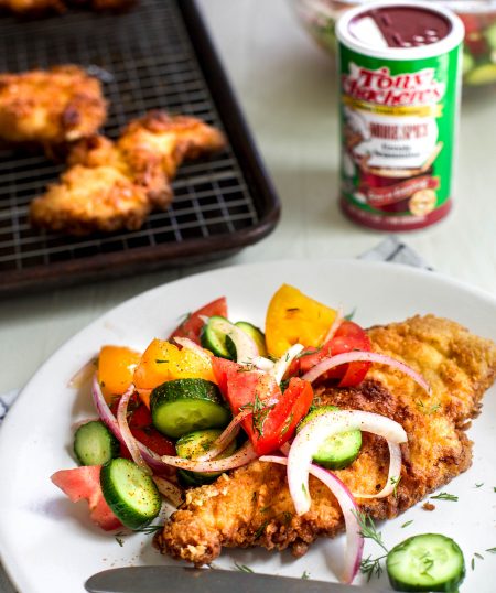 Crispy Creole Chicken Cutlets with Tomato Cucumber Salad