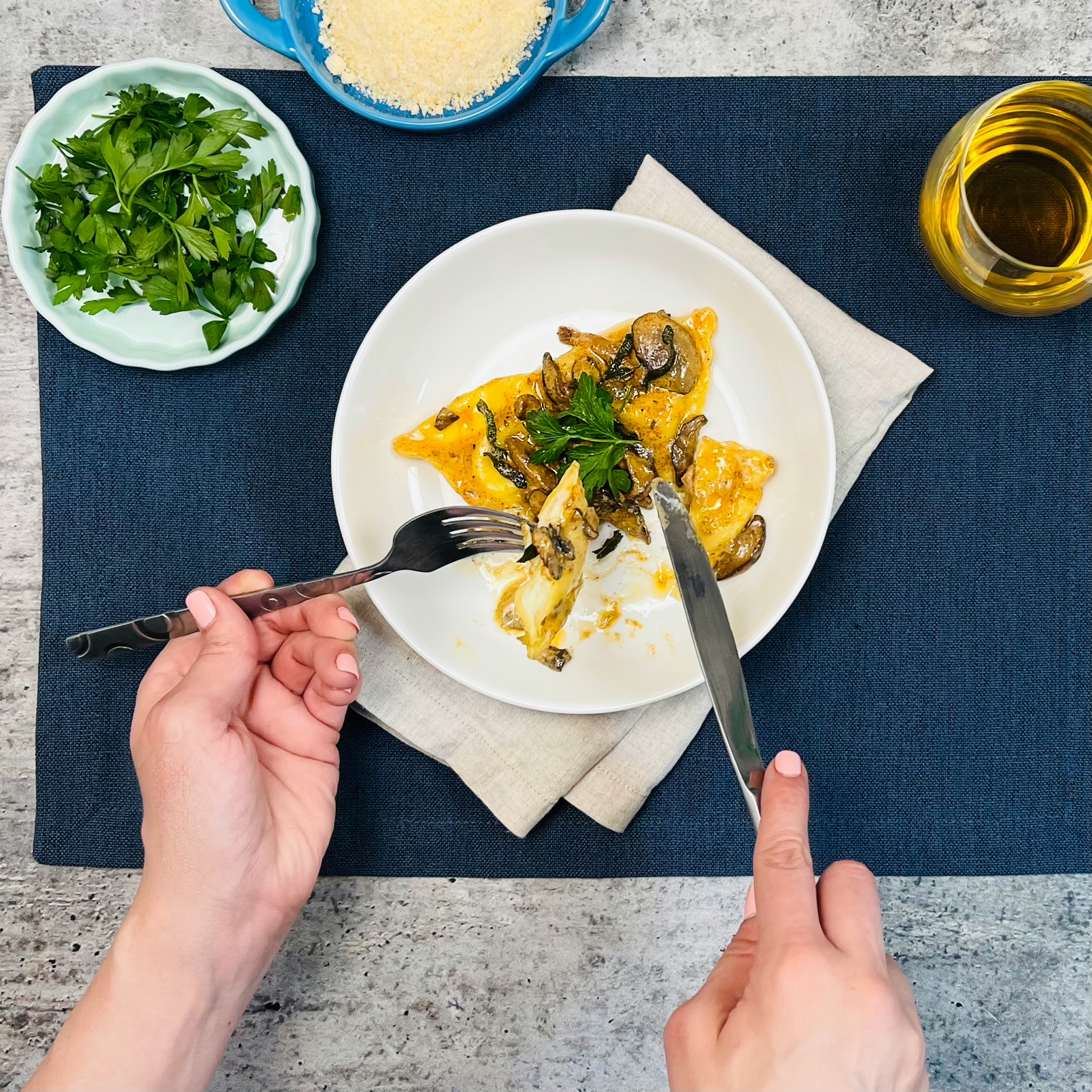 Cheese Ravioli with Creole Mushroom Sage Brown Butter Sauce