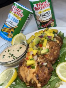 Mini Cajun Crab Cakes with Creole Lemon Aioli and Mango Salsa