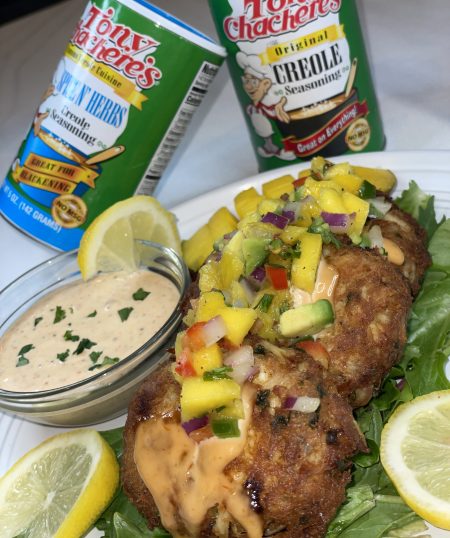 Mini Cajun Crab Cakes with Creole Lemon Aioli and Mango Salsa