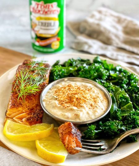 Seared Salmon, Sautéed Kale & Creole Tartar Sauce