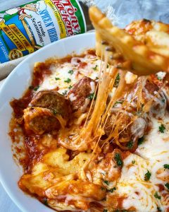 Cheesy Ravioli & Meatball Casserole