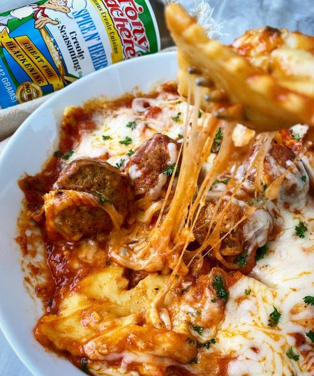 Cheesy Ravioli & Meatball Casserole