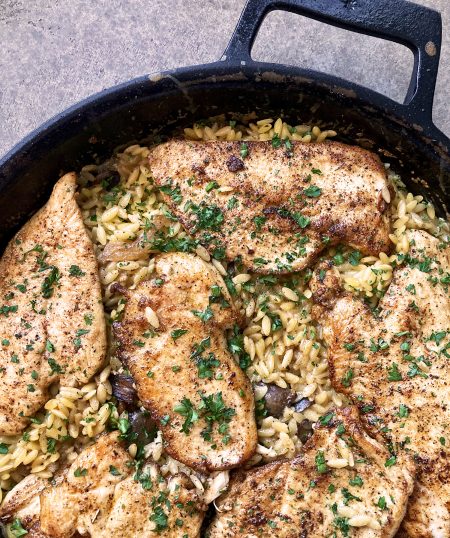 Chicken and Mushroom Orzo Bake