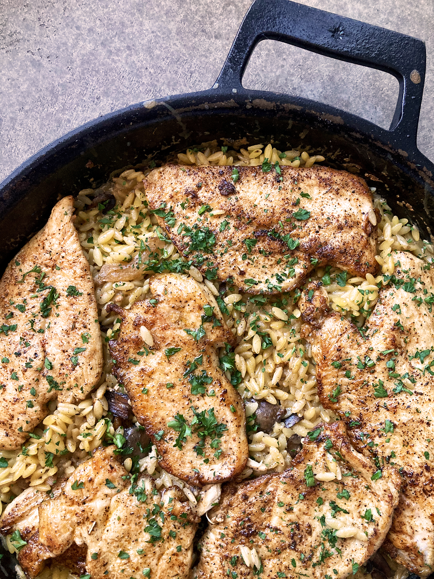 Chicken and Mushroom Orzo Bake