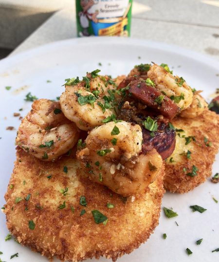 Fried Jalapeño Cheese Grit Cakes with Shrimp and Sausage