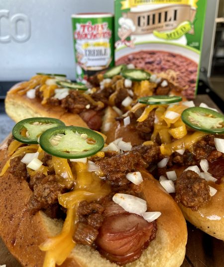 Bacon Wrapped Chili Cheese Dogs