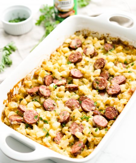 Cajun Cheesy Potato Casserole with Andouille Sausage