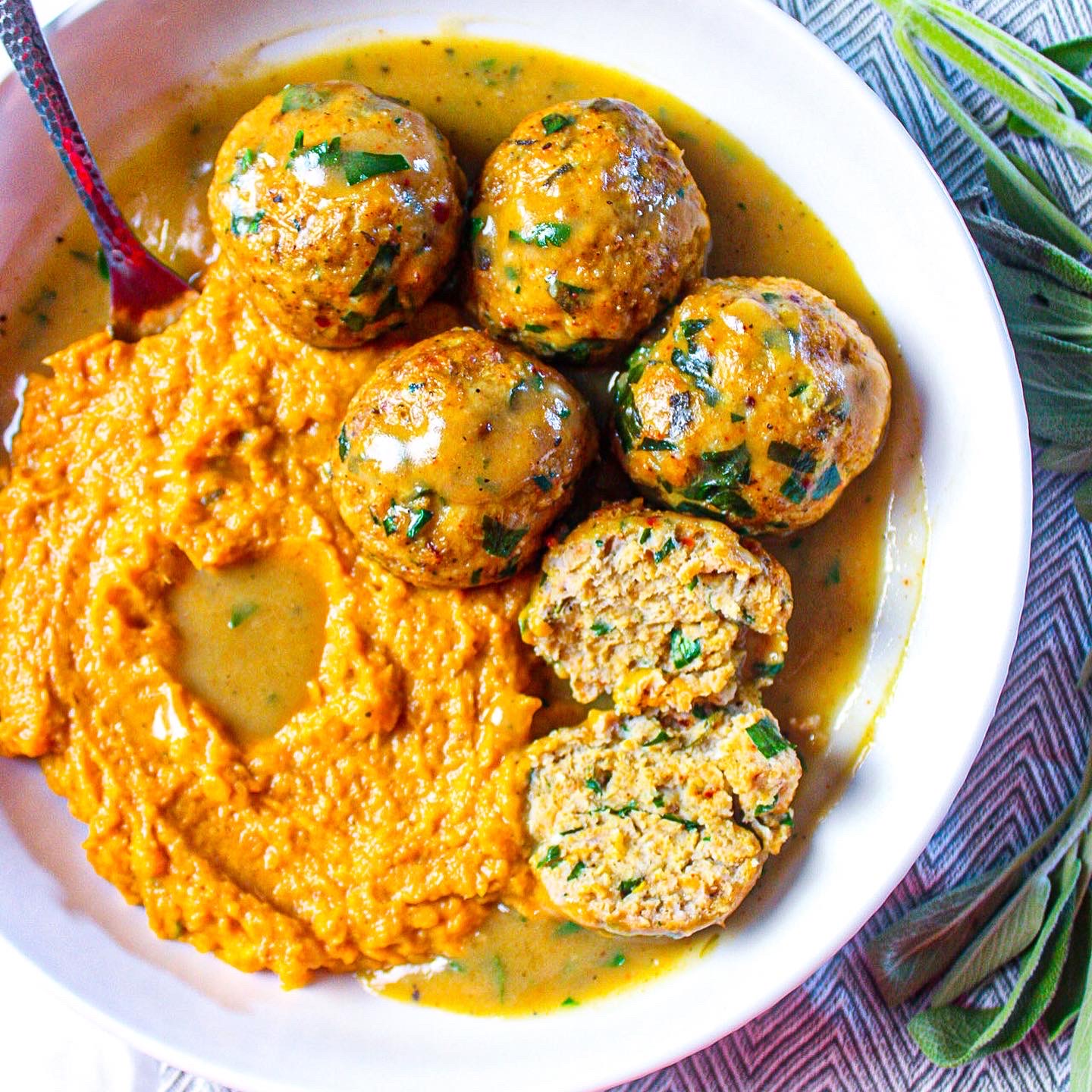 Chicken Meatballs with Sage Butter Sweet Potatoes