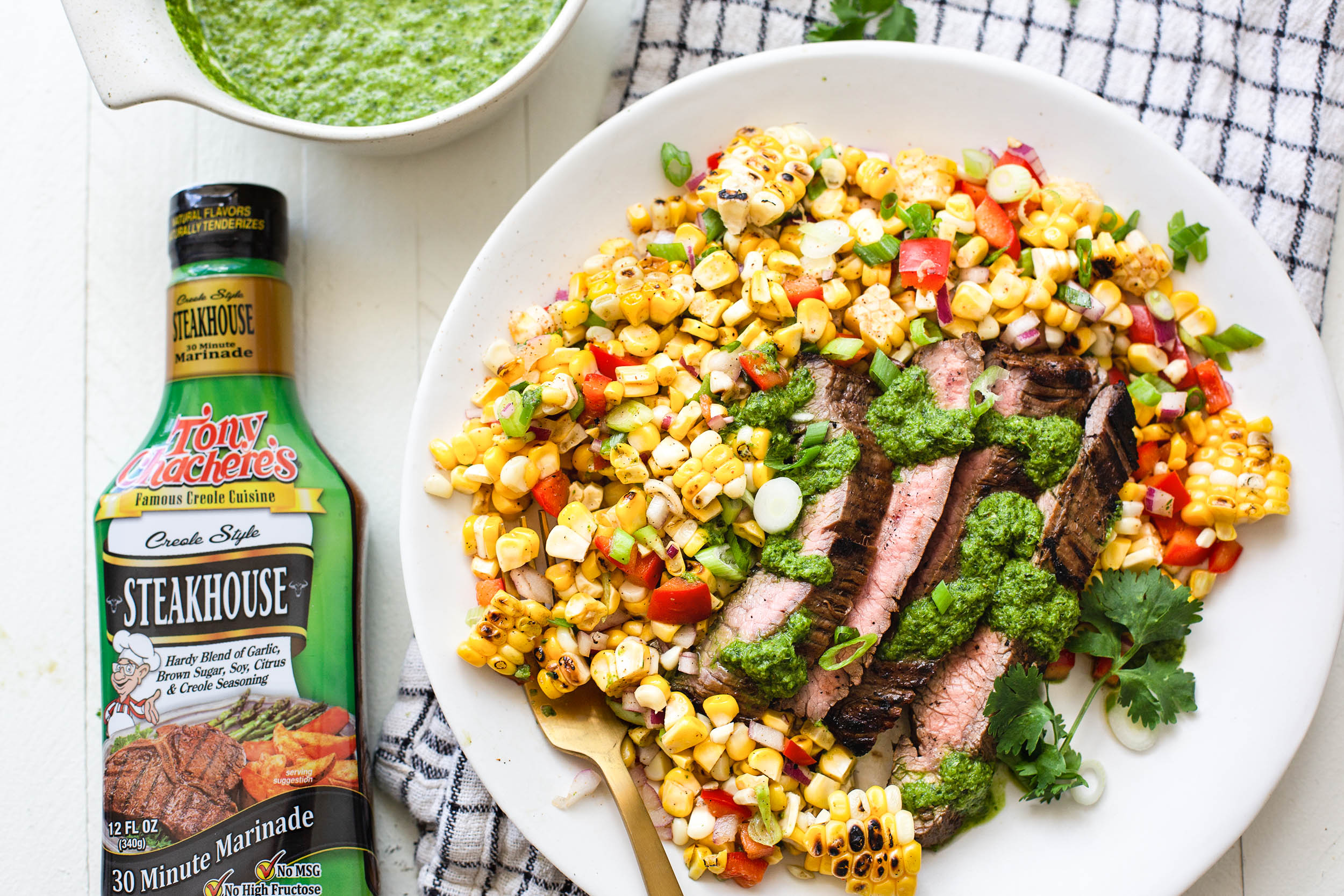 Grilled Flank Steak and Corn Salad with Chimichurri Sauce