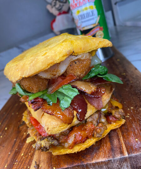 Chopped Cheese on a Jamaican Patty