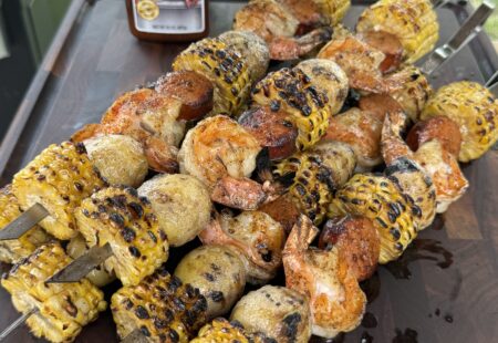 Grilled Seafood Boil Skewers with Garlic King Crab Butter