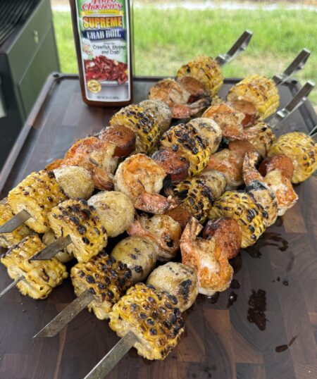 Grilled Seafood Boil Skewers with Garlic King Crab Butter