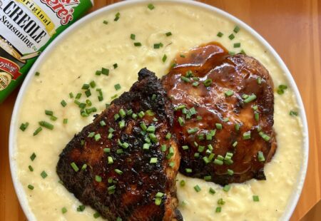 BBQ Chicken Thighs w/ Cheddar Mashed Potatoes and Cajun Butter Corn