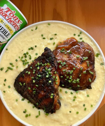 BBQ Chicken Thighs w/ Cheddar Mashed Potatoes and Cajun Butter Corn