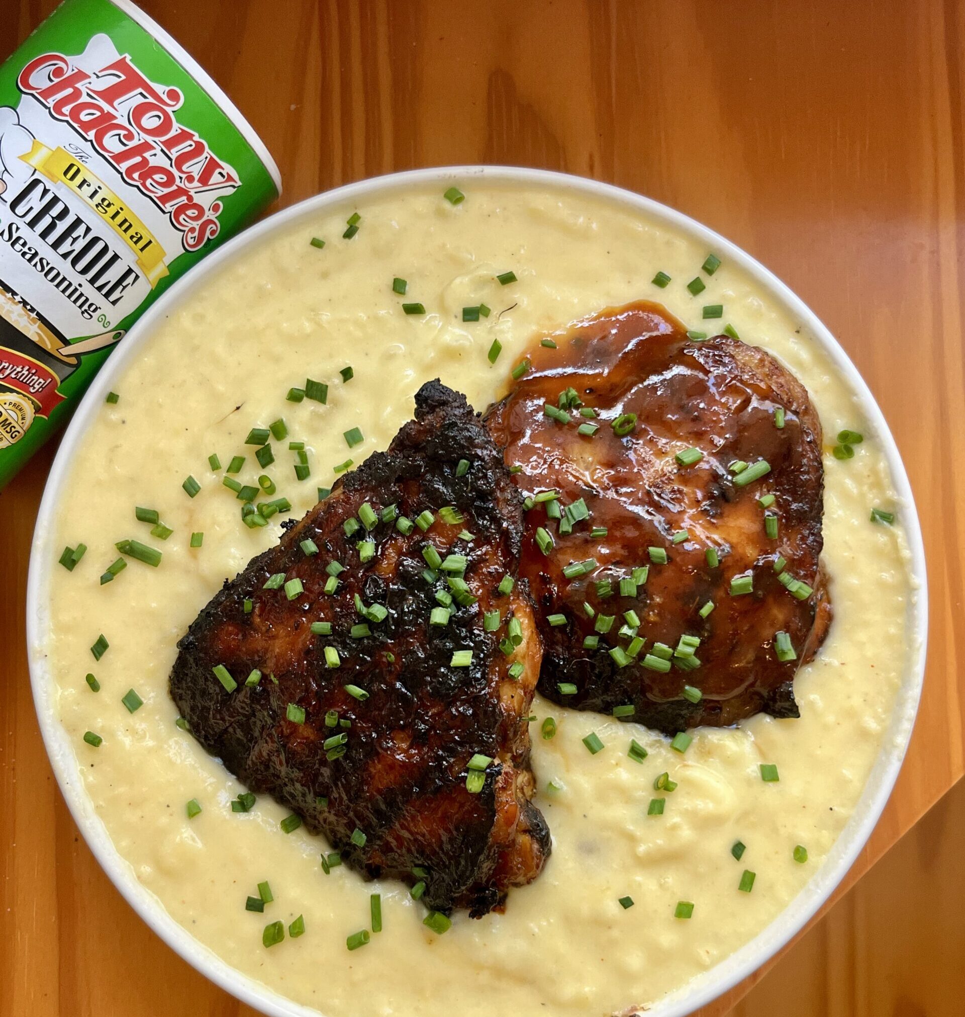 BBQ Chicken Thighs w/ Cheddar Mashed Potatoes and Cajun Butter Corn