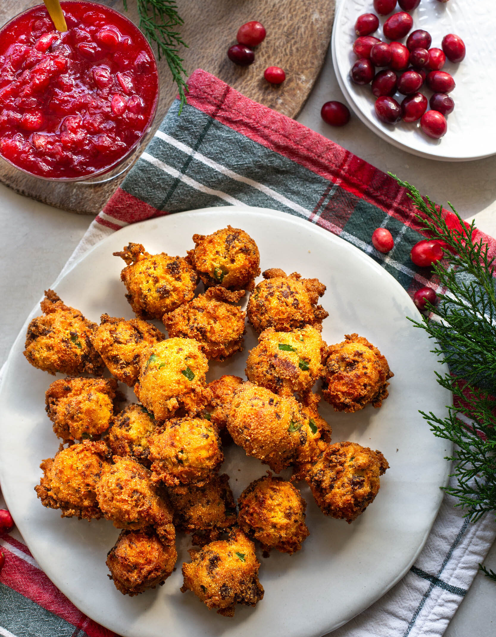 Sausage Jalapeño Cheddar Hush Puppies w/ Cranberry Chutney