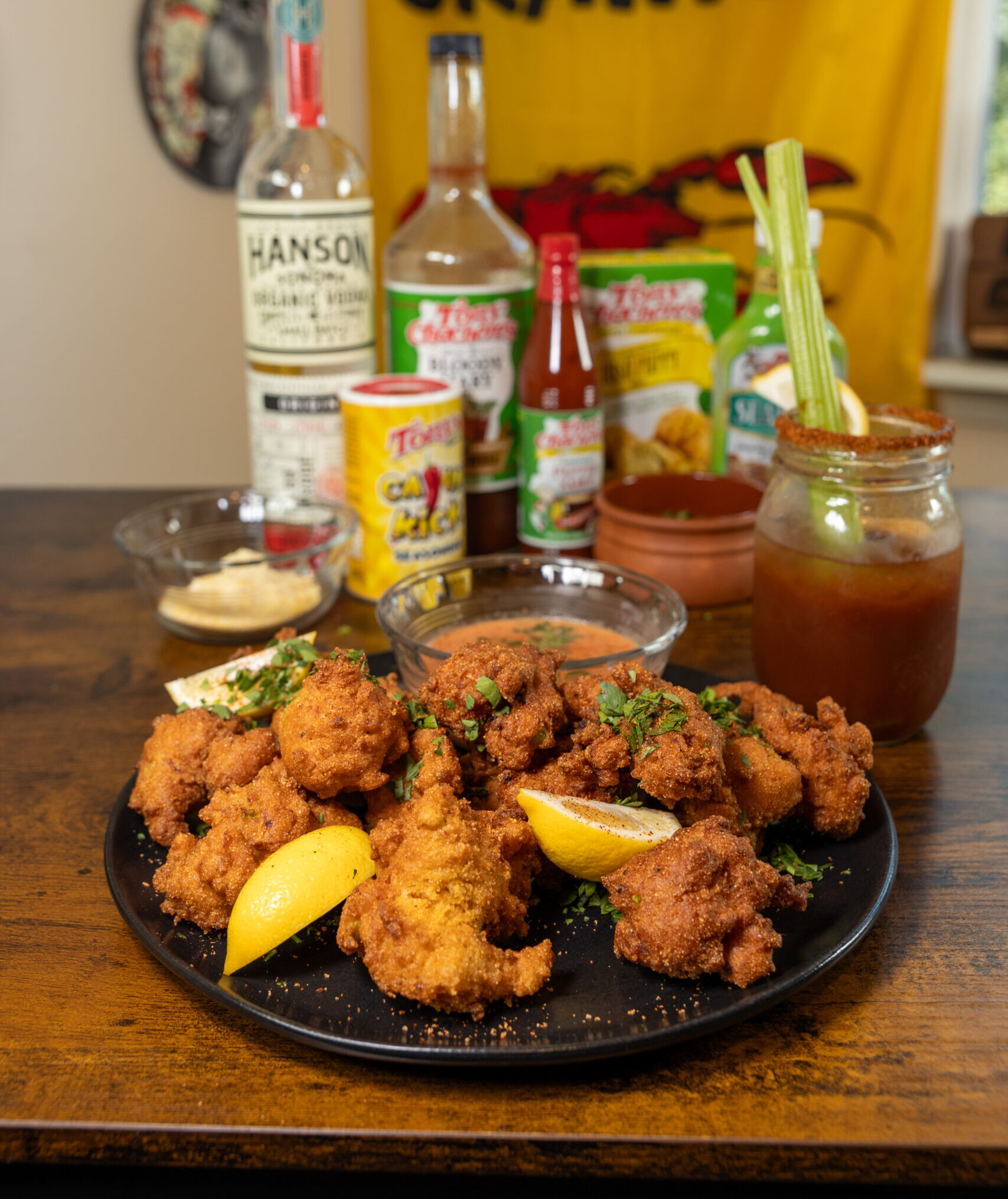 Bloody Mary Hush Puppies w/ Vodka Sauce